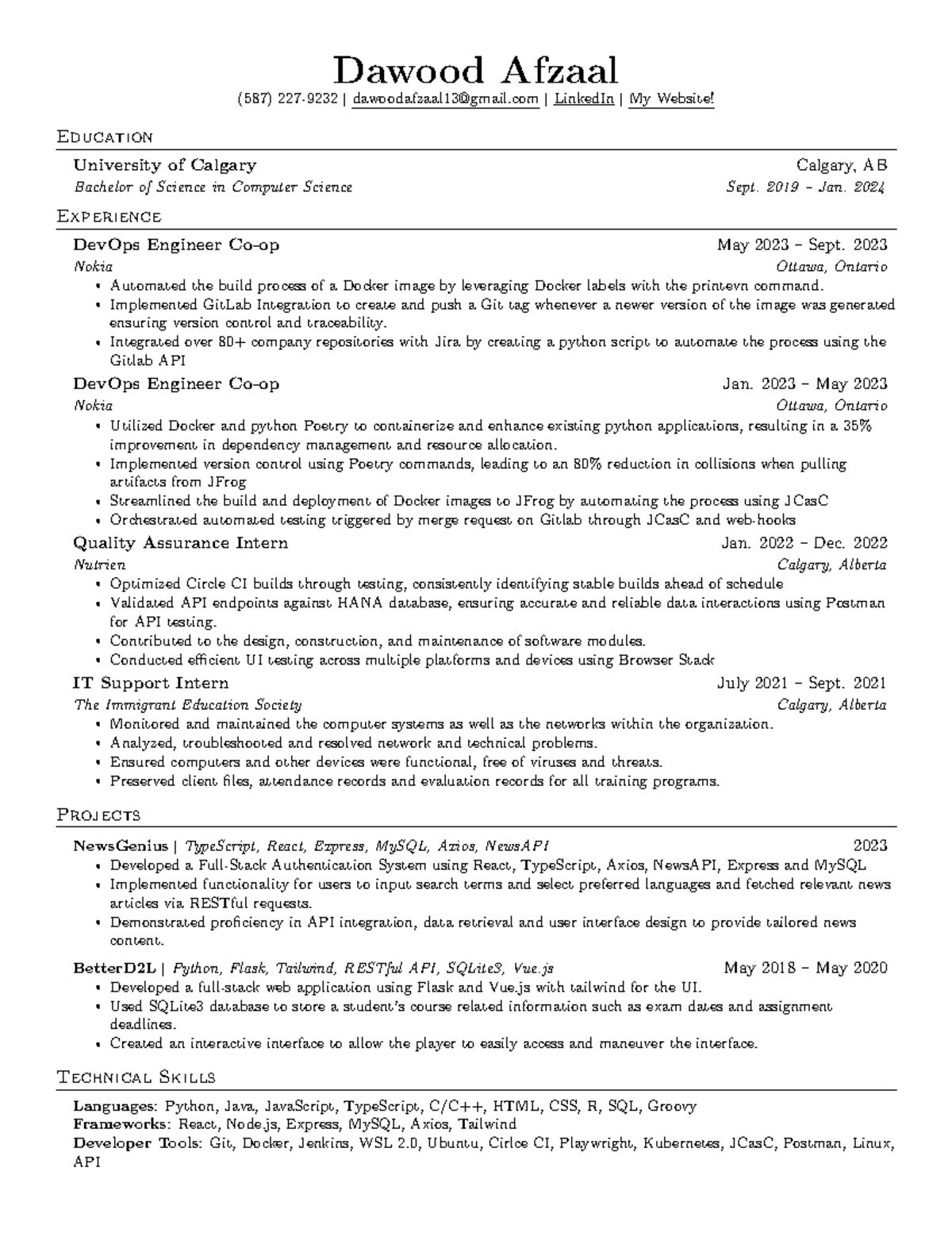 CS Resume - Dawood Afzaal (587) 227-9232 | dawoodafzaal13@gmail ...