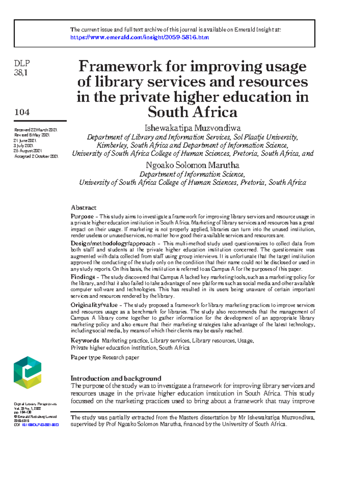 Article Chosen - great - Framework for improving usage of library ...