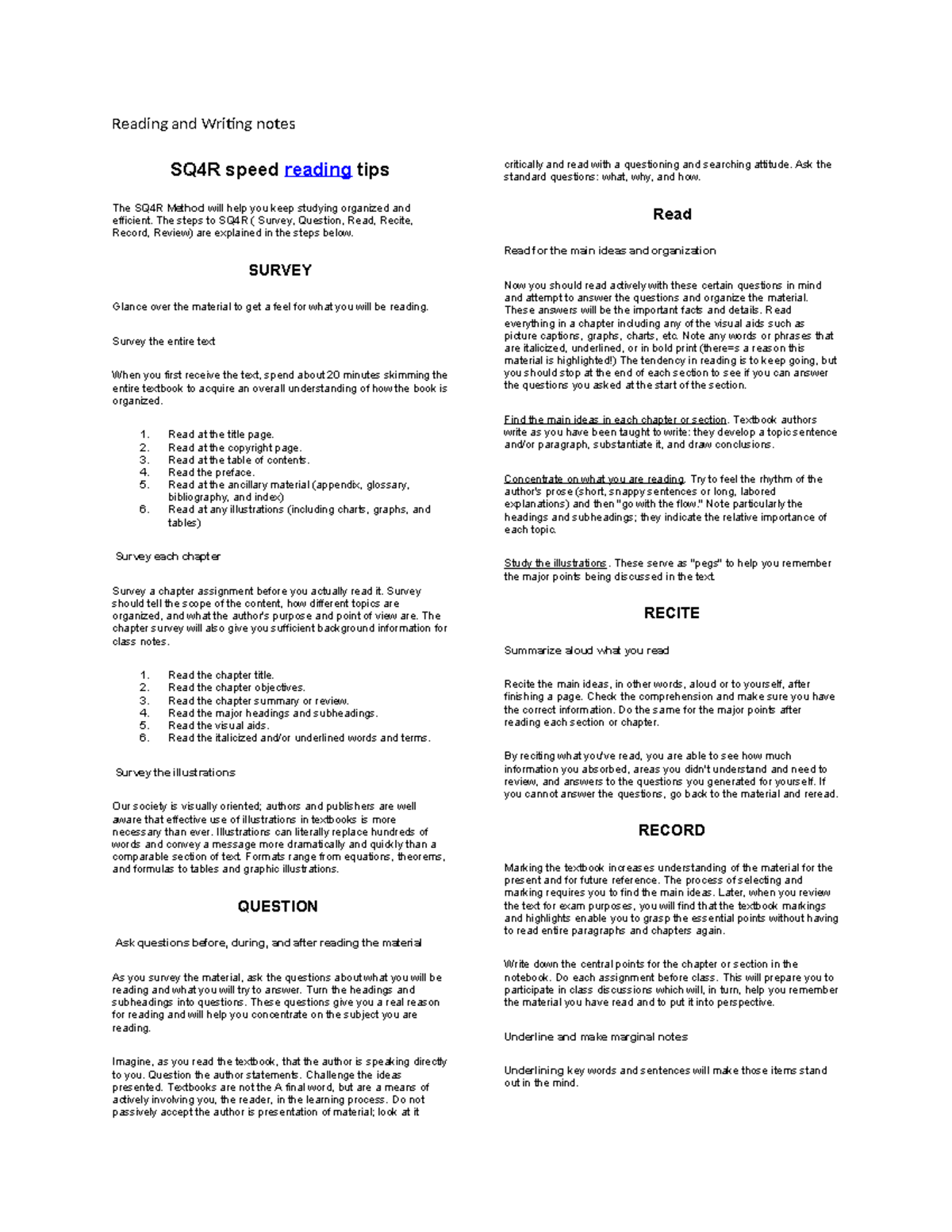 Reading and Writing notes SQ3R - Reading and Writing notes SQ4R speed ...