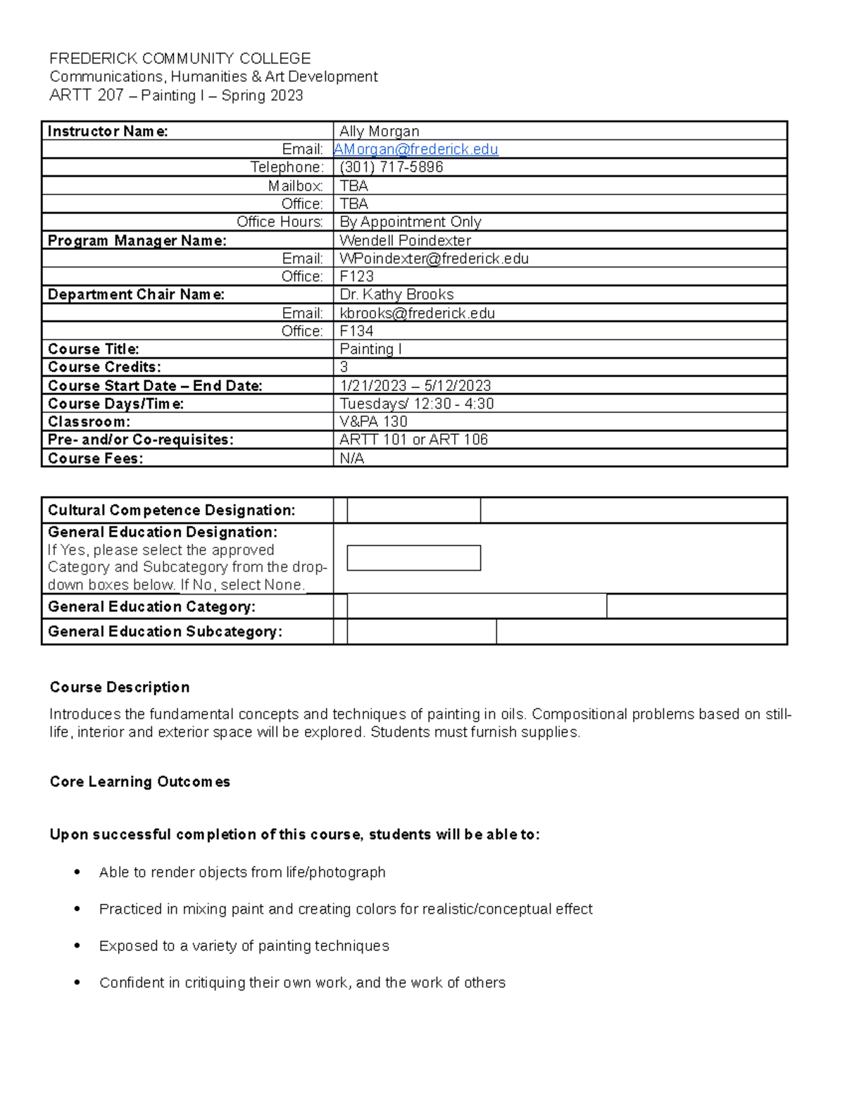 ARTT 207 Syllabus Spring 2023 FREDERICK COMMUNITY COLLEGE