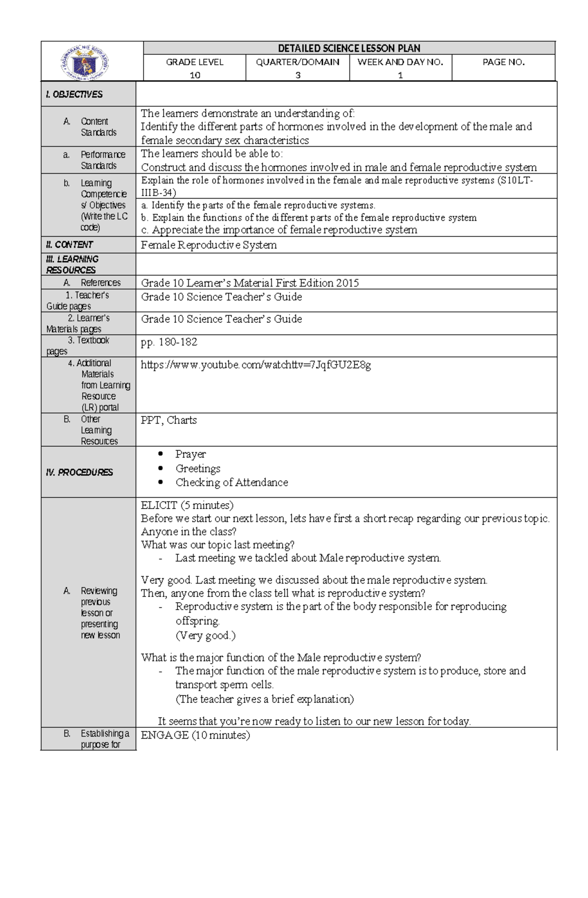 Lp Female Rs - Detailed Science Lesson Plan Grade Level 10 Quarter 