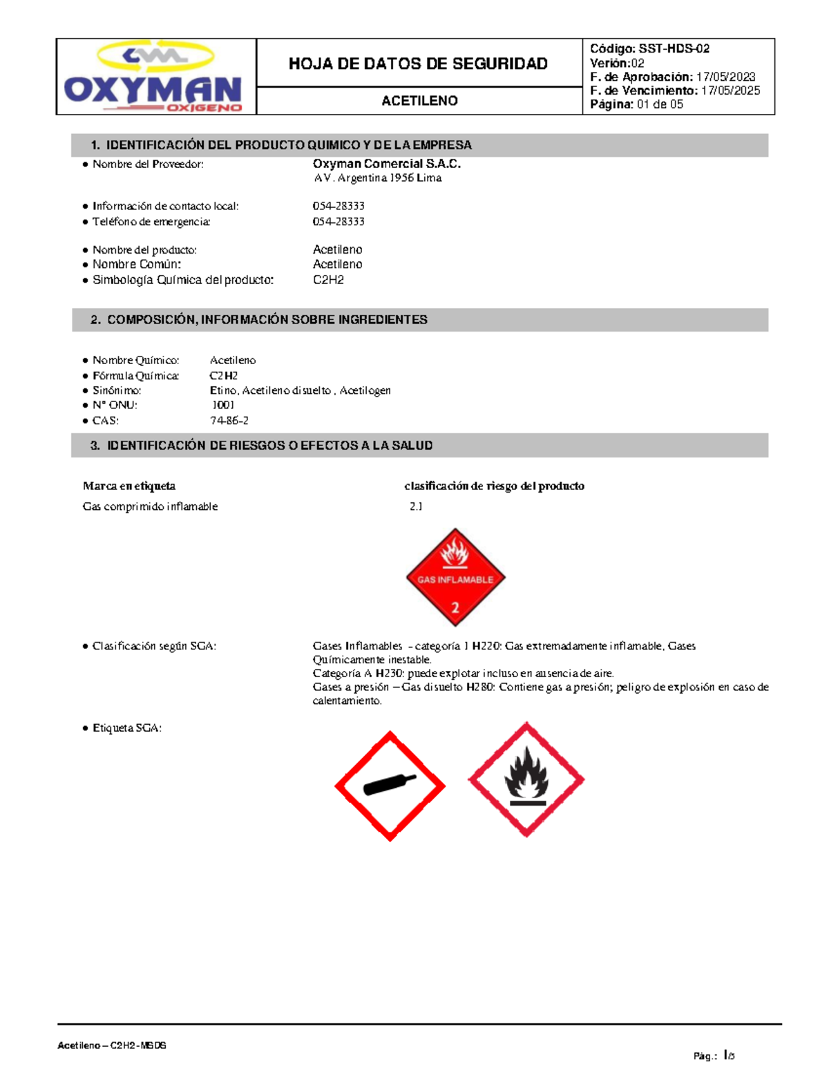 Acetileno - hoja de seguridad - Acetileno – C2H2 - MSDS 2. COMPOSICIÓN ...