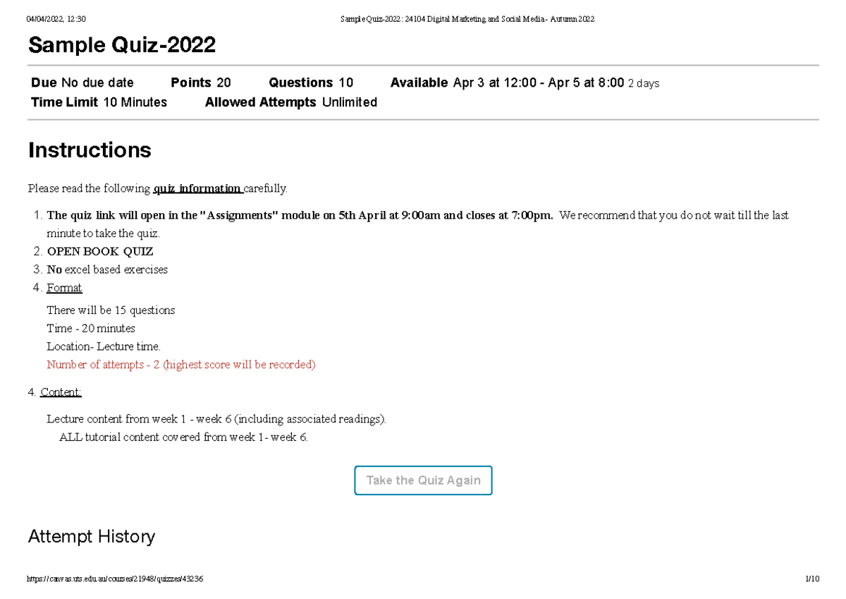 Sample Quiz2022 24104 Digital Marketing and Social Media Autumn 2022 Sample Quiz Due No