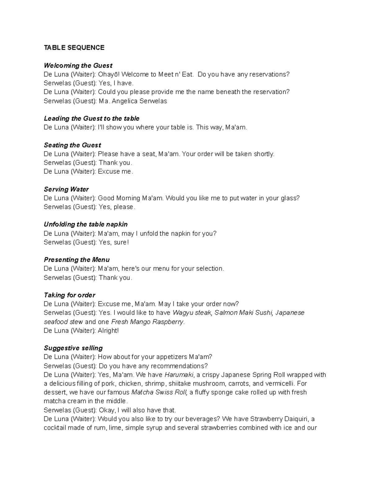 PEC 3 - Table Sequence - TABLE SEQUENCE Welcoming the Guest De Luna ...