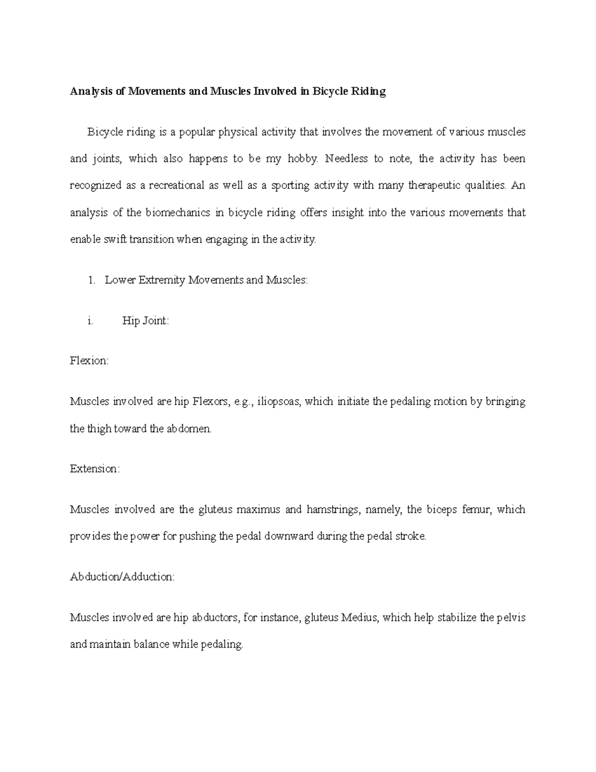Bicycle Riding Analysis of Movements and Muscles Involved in Bicycle