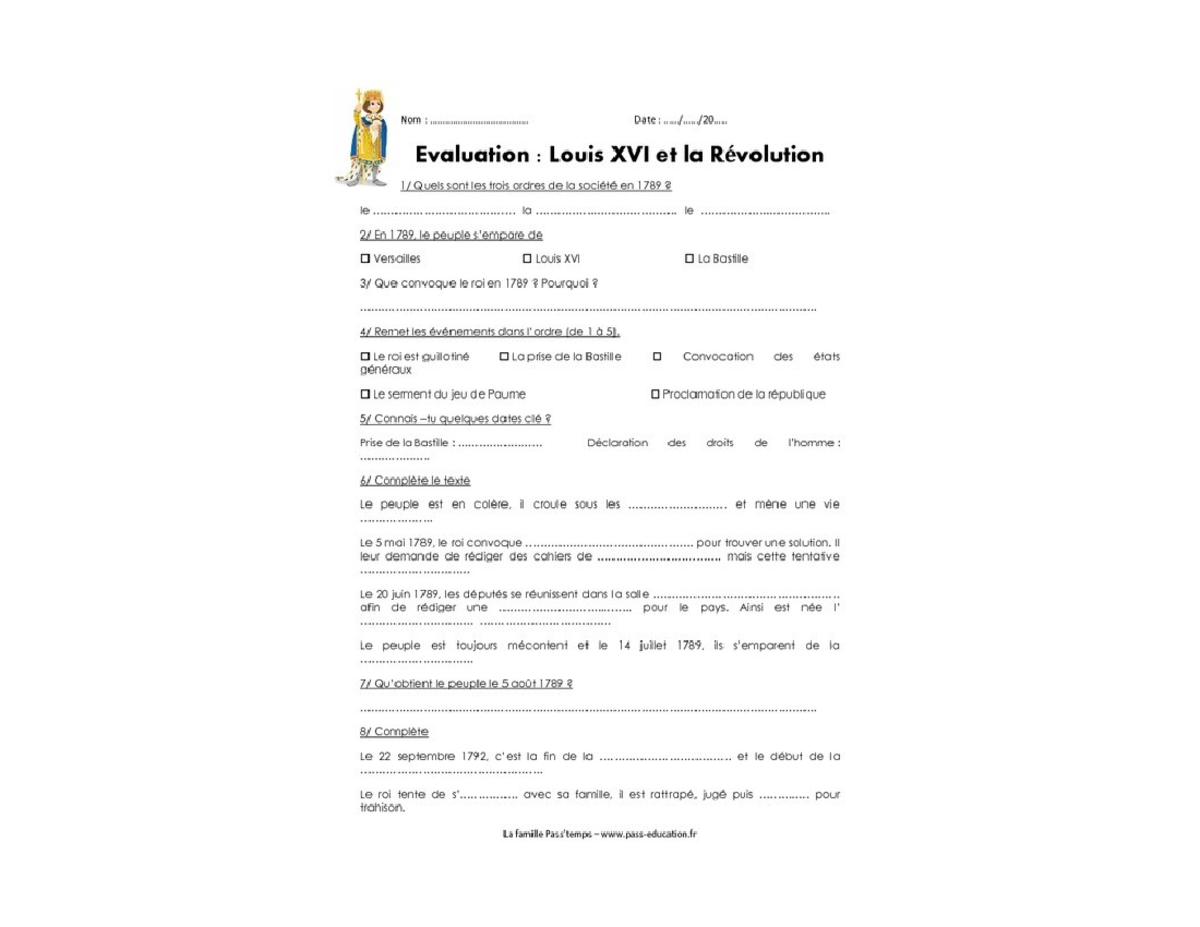 Test - Scan de la copie du quiz sur la revolution francaise - Nom Date