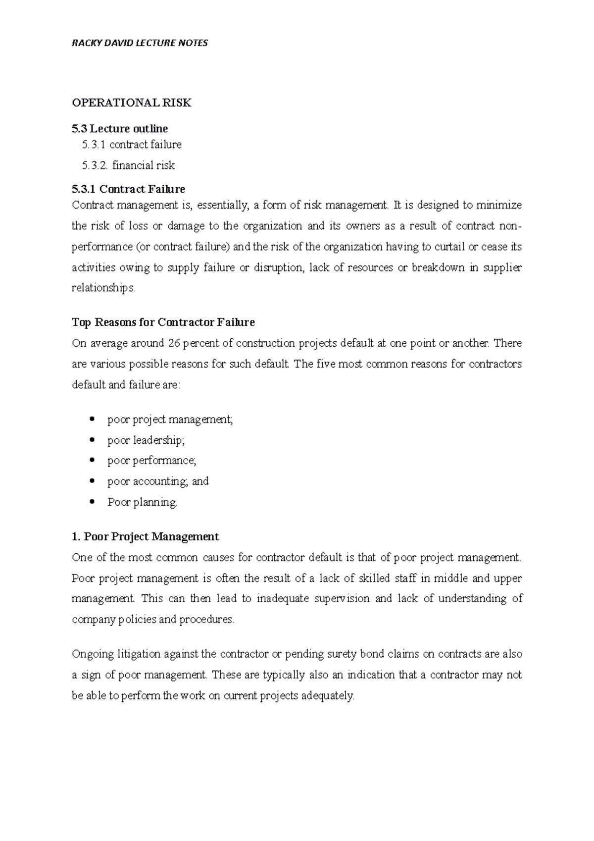 Operational risks - OPERATIONAL RISK 5 Lecture outline 5.3 contract ...