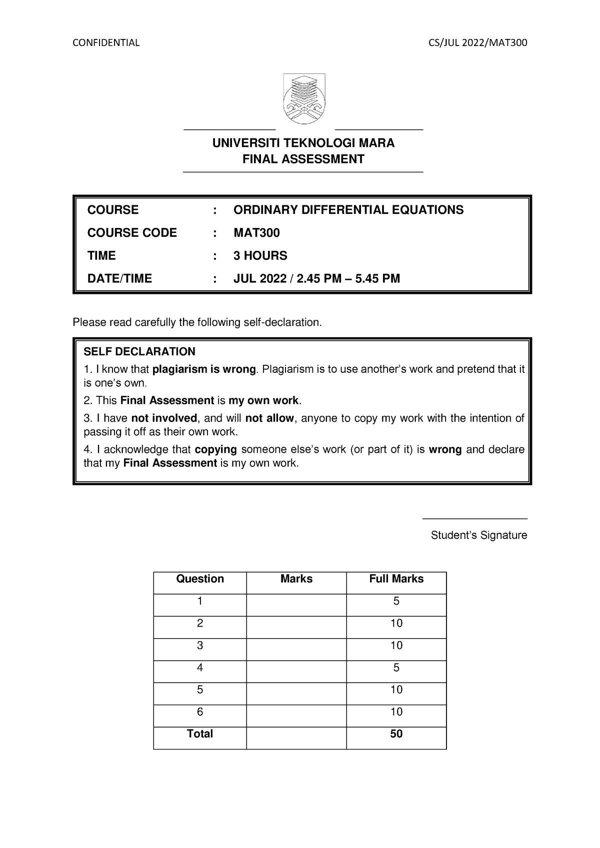 MAT300 July 2022 - CONFIDENTIAL CS/JUL 2022/MAT UNIVERSITI TEKNOLOGI ...