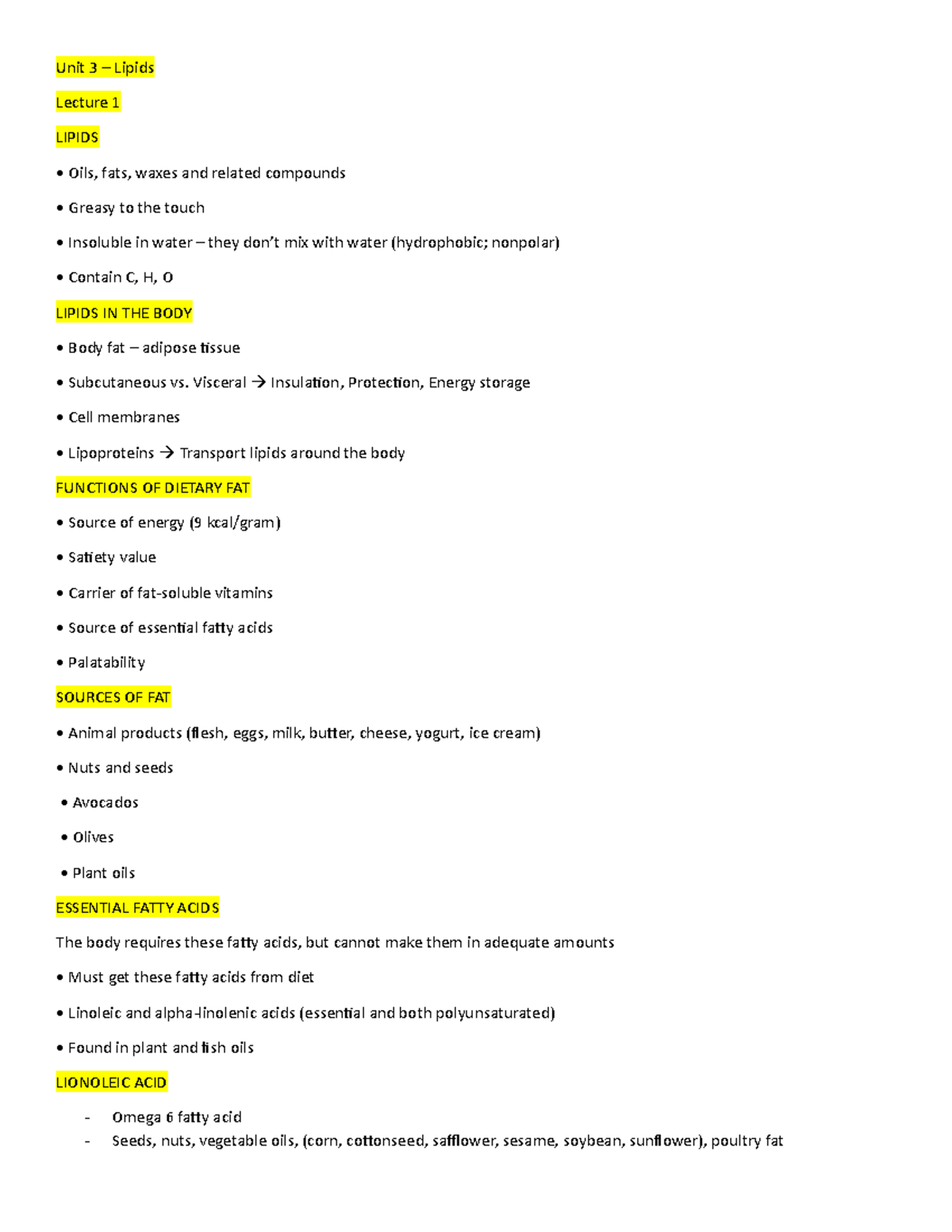 Unit 3 - Lecture 1 - Exam 3 - Unit 3 – Lipids Lecture 1 LIPIDS Oils ...