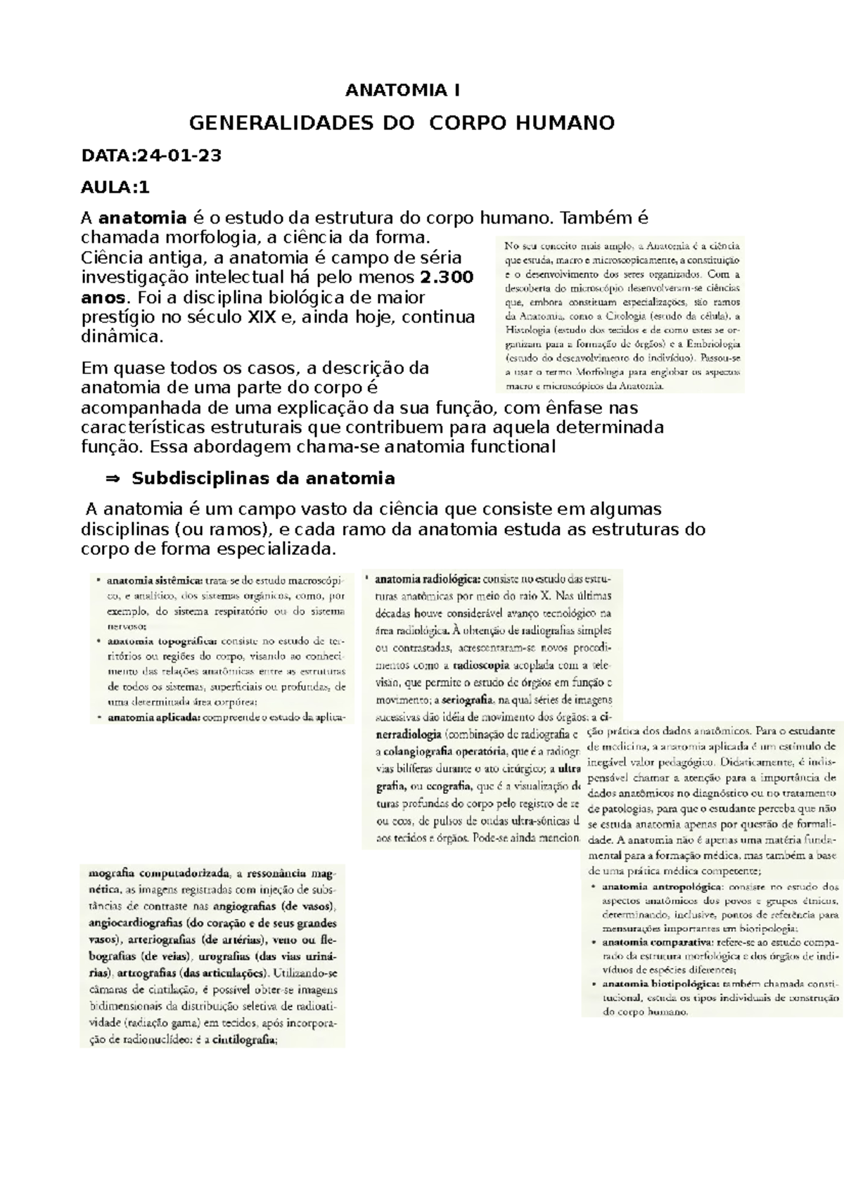 Anatomia 1,semester II - ANATOMIA I GENERALIDADES DO CORPO HUMANO DATA ...