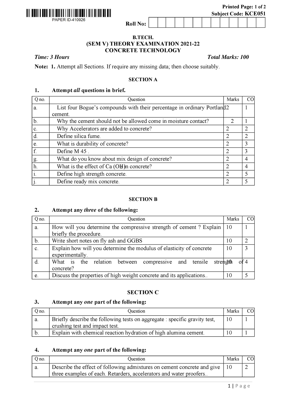 Btech ce 5 sem concrete technology kce051 2022 - Printed Page: 1 of 2 ...