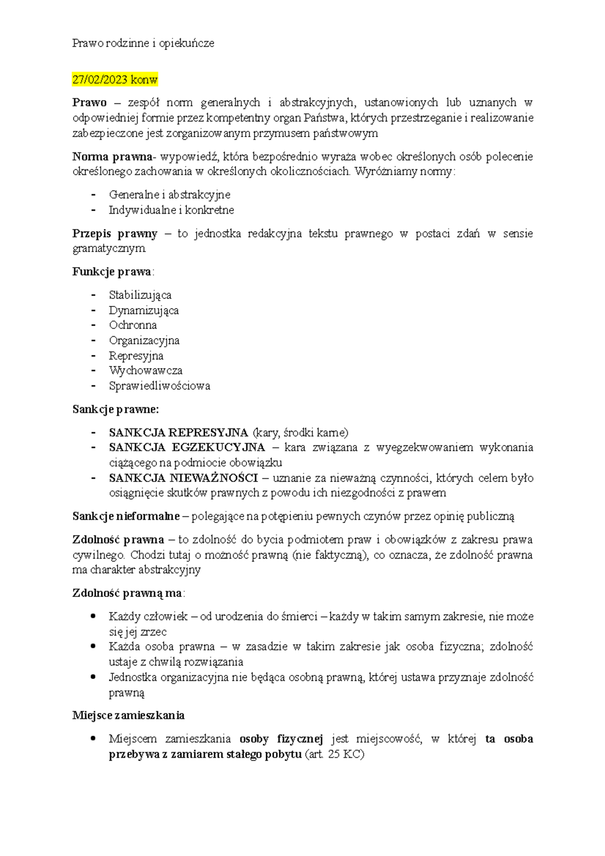 Konw i Wykład - Prawo rodzinne i opiekuńcze - 27/02/2023 konw Prawo