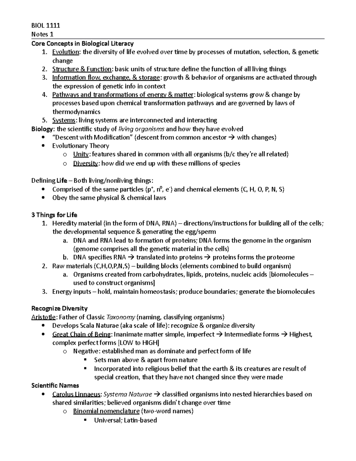 BIO 1111 Notes 1 - BIOL 1111 Notes 1 Core Concepts In Biological ...