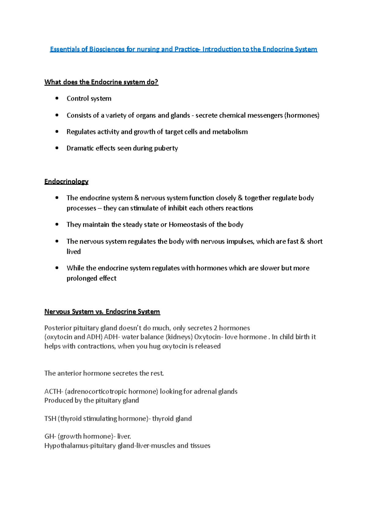 The Endocrine System - Lecture notes 1 - StuDocu