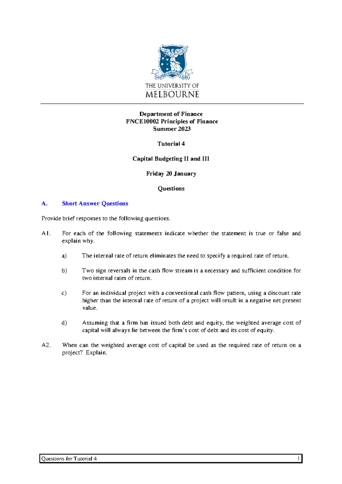 FNCE10002 Tutorial 04 Questions Summer 2023 - Department of Finance ...