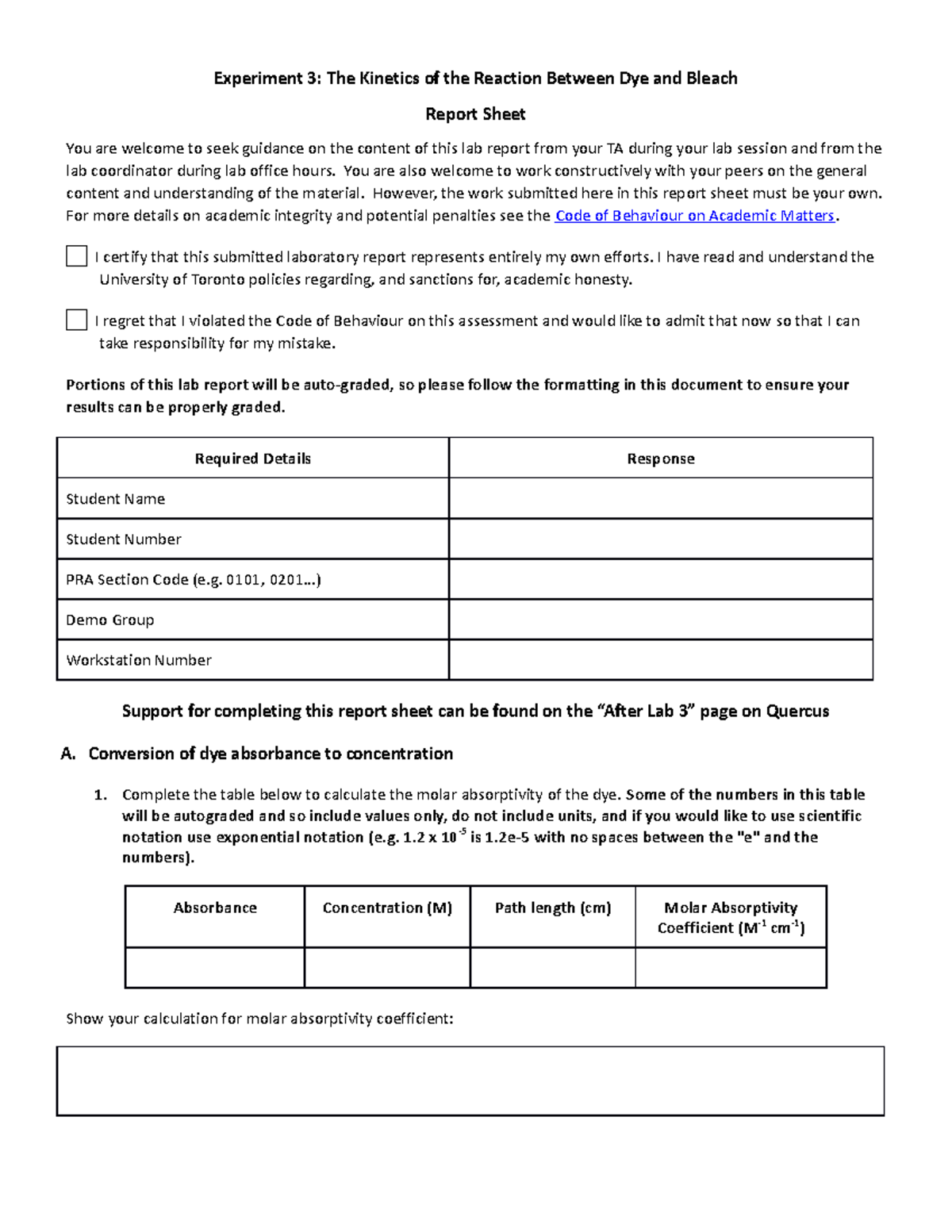 CHM135 Lab 3 Report Sheet - Experiment 3: The Kinetics of the Reaction ...