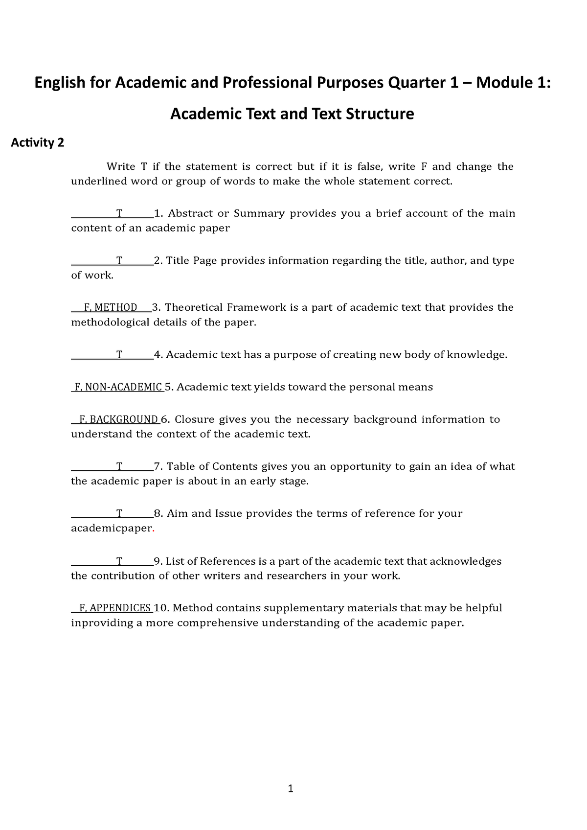 EAPP - Q1 - Module 1 - Activity 2 - 1 English For Academic And ...