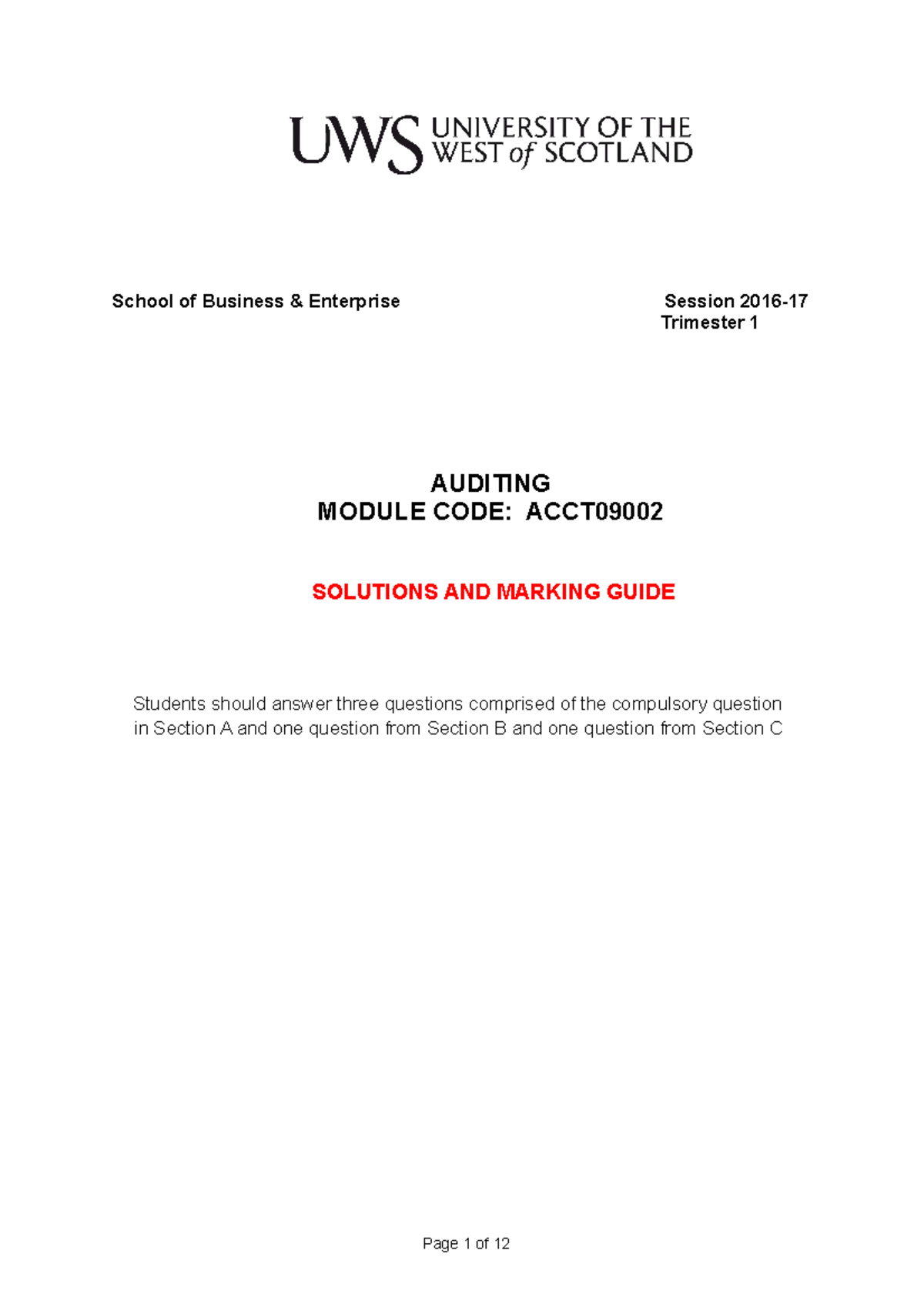 Auditing exam 2016-17 - School of Business & Enterprise Session 2016 ...