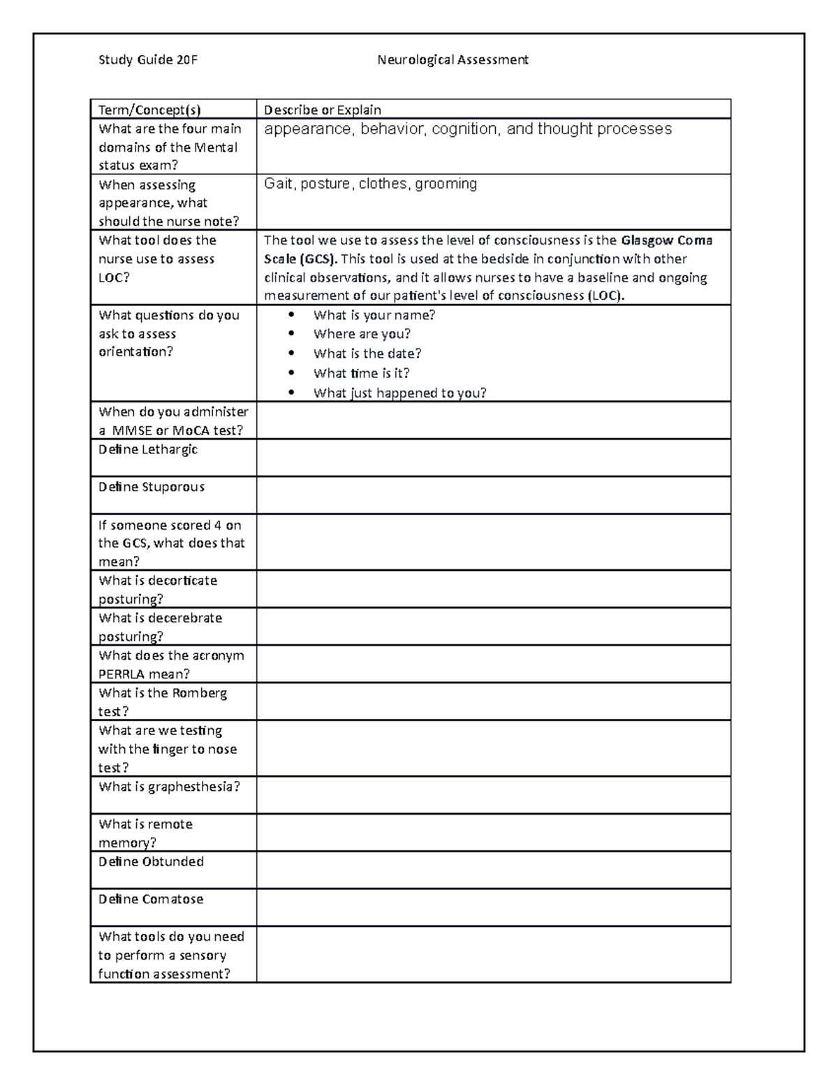 Study guide - Neurological Assessment W23 - Study Guide 20F ...