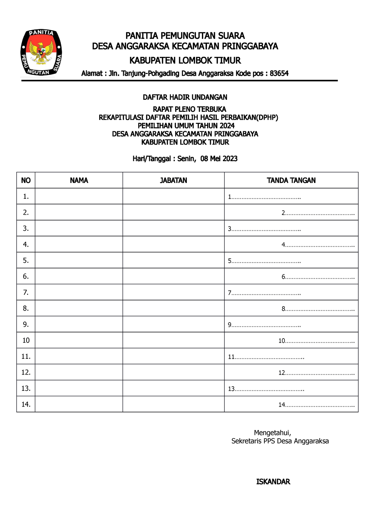 Daftar Hadir DAN Undangan Rapat 114103 - DESA ANGGARAKSA KECAMATAN ...