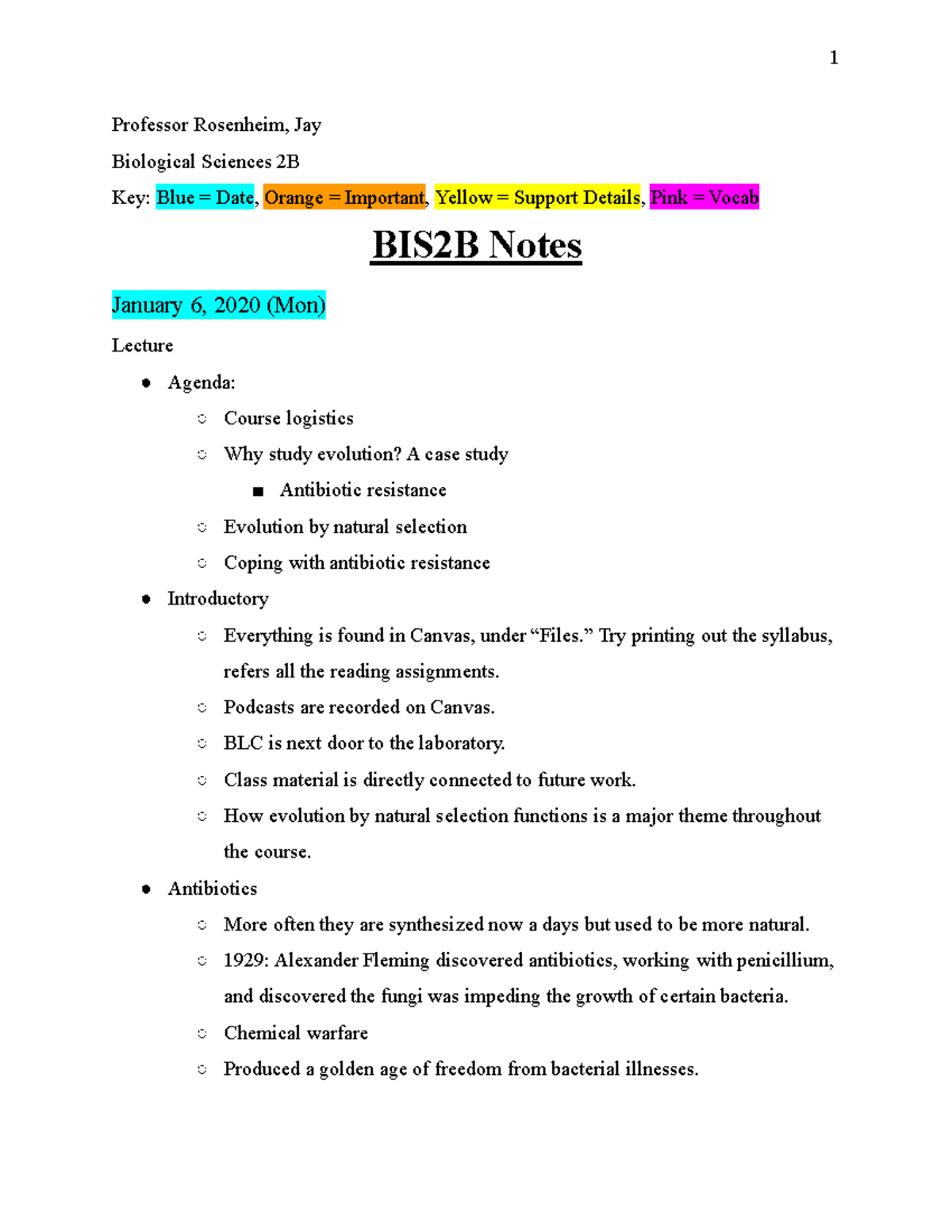 BIS2B Notes - Professor Rosenheim, Jay Biological Sciences 2B Key: Blue ...