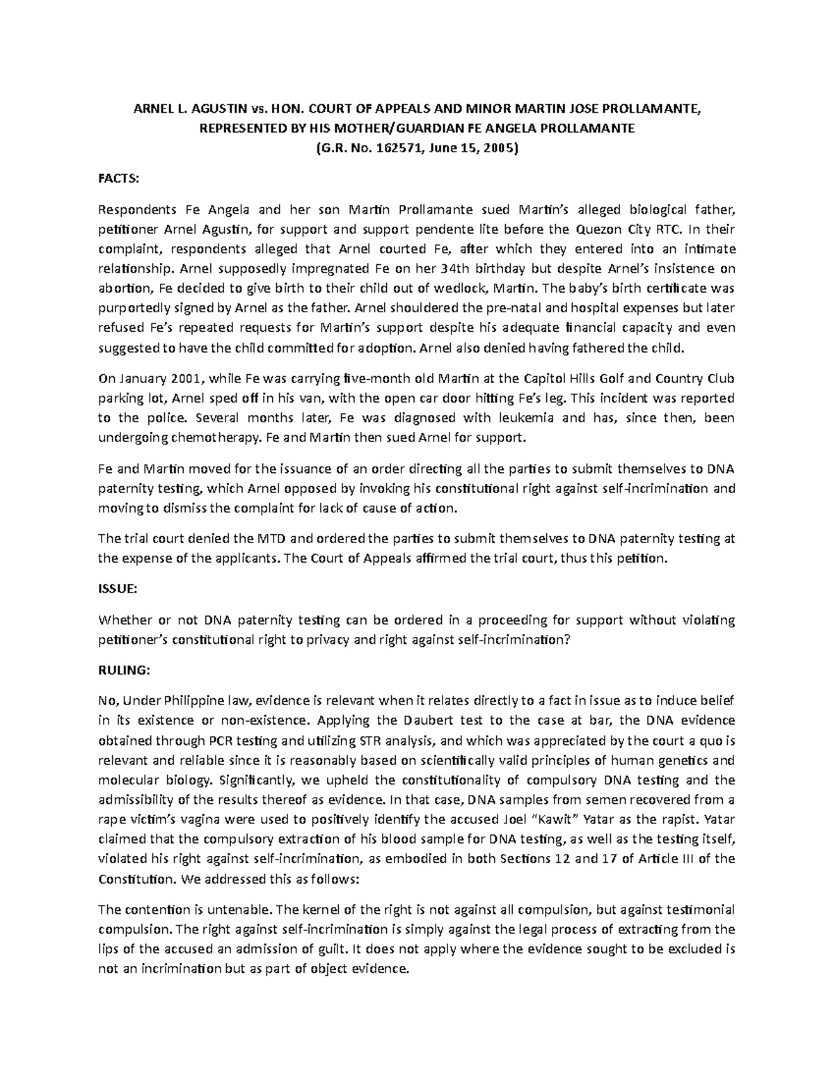 2. Agustin vs. CA - Legal Medicine - ARNEL L. AGUSTIN vs. HON. COURT OF ...