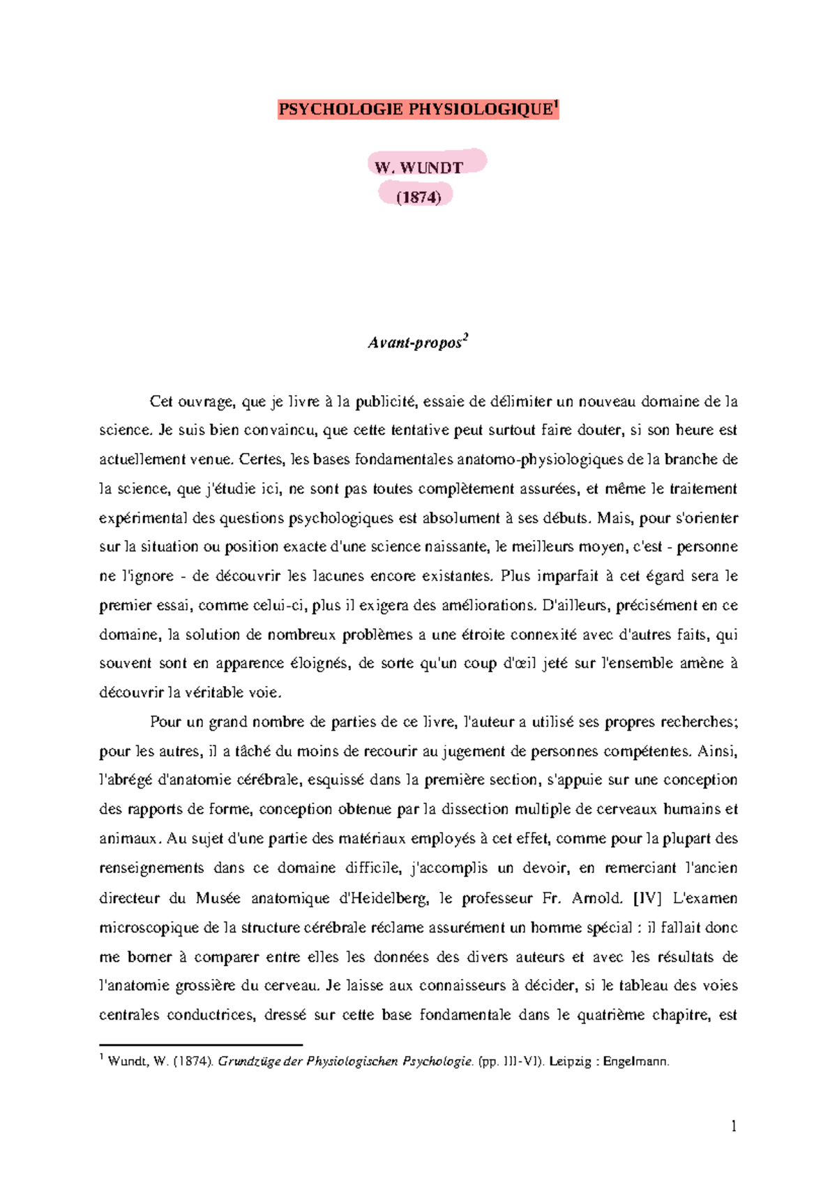 Texte 1. W. Wundt - Psychologie Physiologique 1 W. Wundt (1874) Avant 