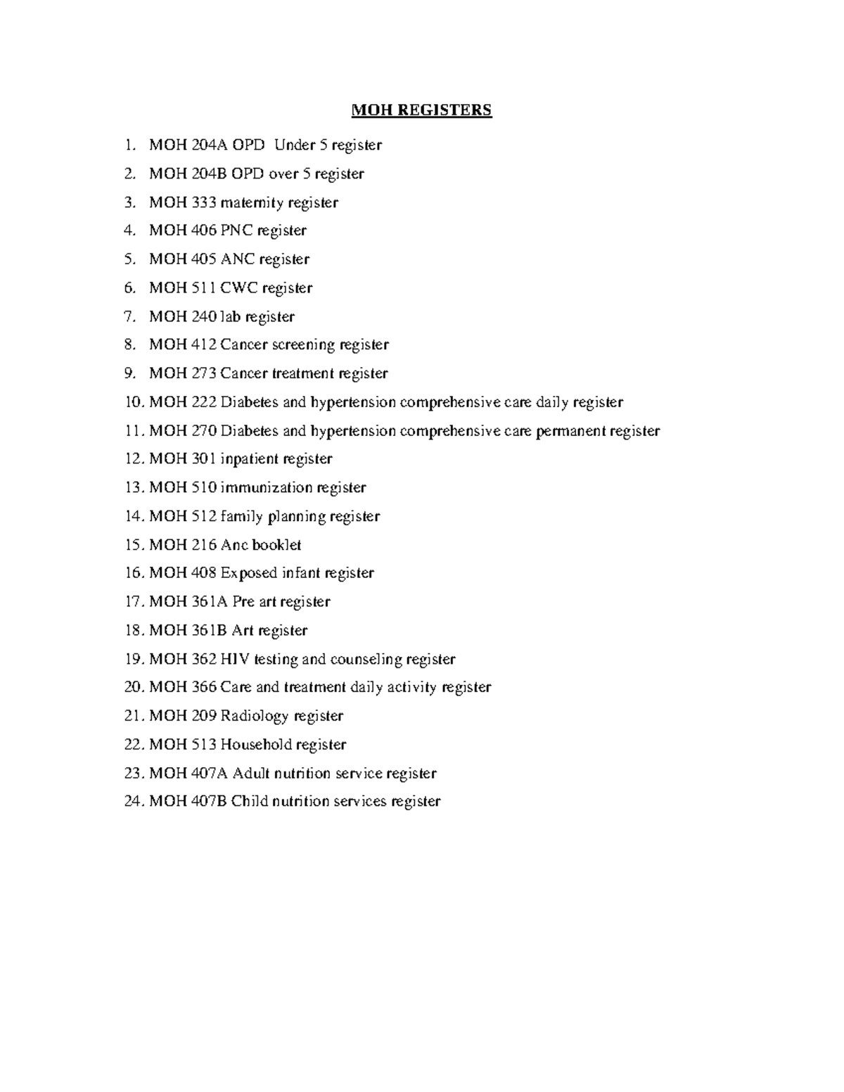 Registers TOOL MOH REGISTERS MOH 204A OPD Under 5 register MOH 204B