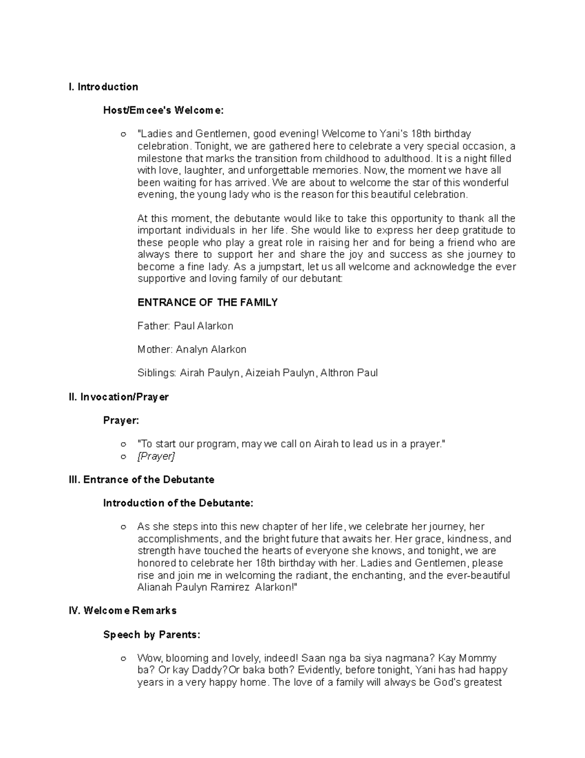 Debut Script - I. Introduction Host/Emcee's Welcome: 