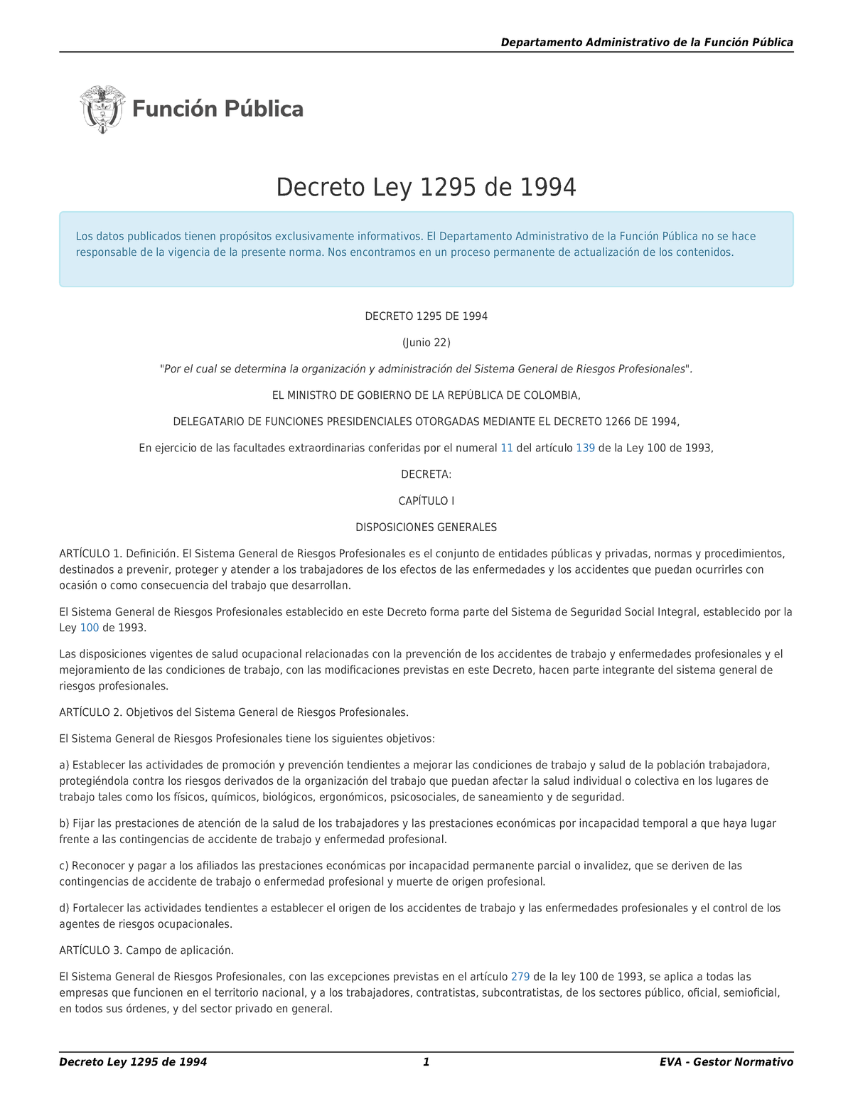 Decreto Ley 1295 De 1994 - Decreto Ley 1295 De 1994 Los Datos ...