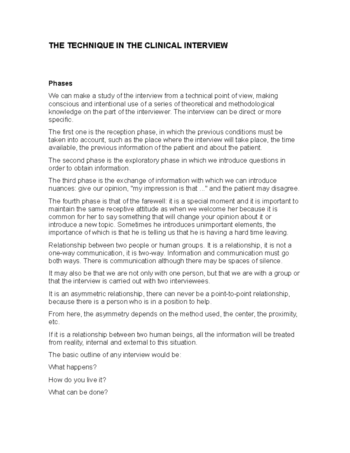 The technique in the clinical interview - THE TECHNIQUE IN THE CLINICAL ...