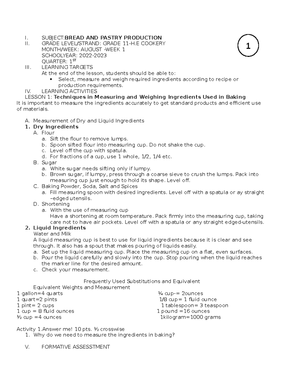 BPPM1 BREAD AND PASTRY I. SUBJECTBREAD AND PASTRY PRODUCTION II