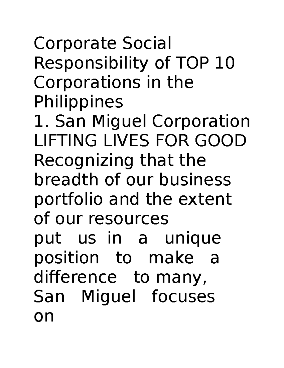 Corporate Social Responsibility of TOP 10 Corporations in the