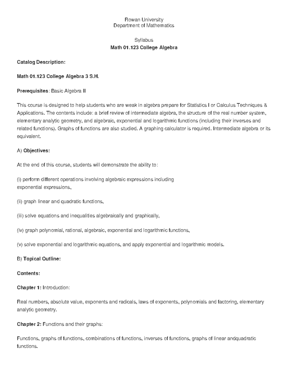 Rowan University - (MATH 01123) College Algebra 3 S.H. - (Department of ...