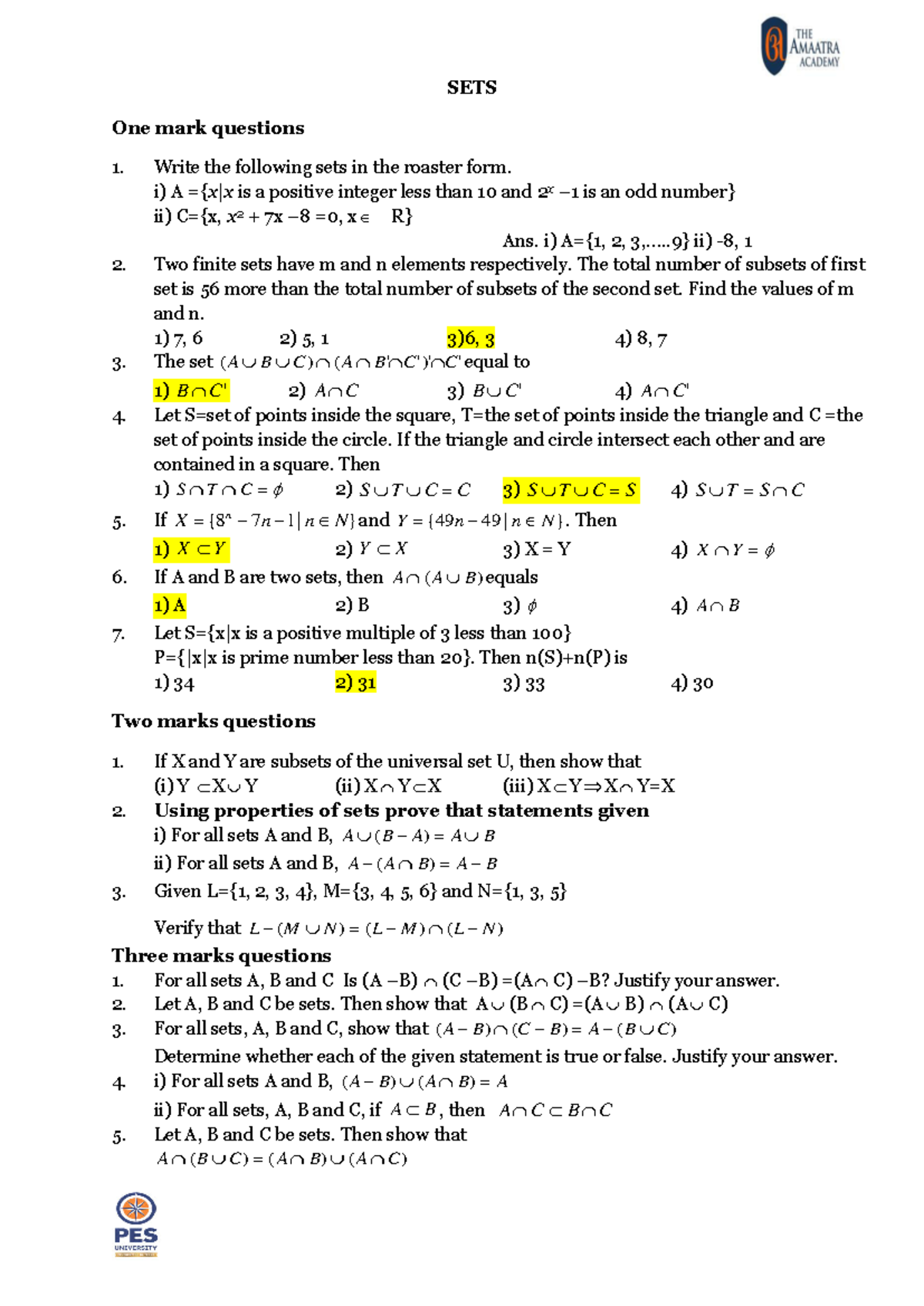 Sets WS - good - SETS One mark questions Write the following sets in ...