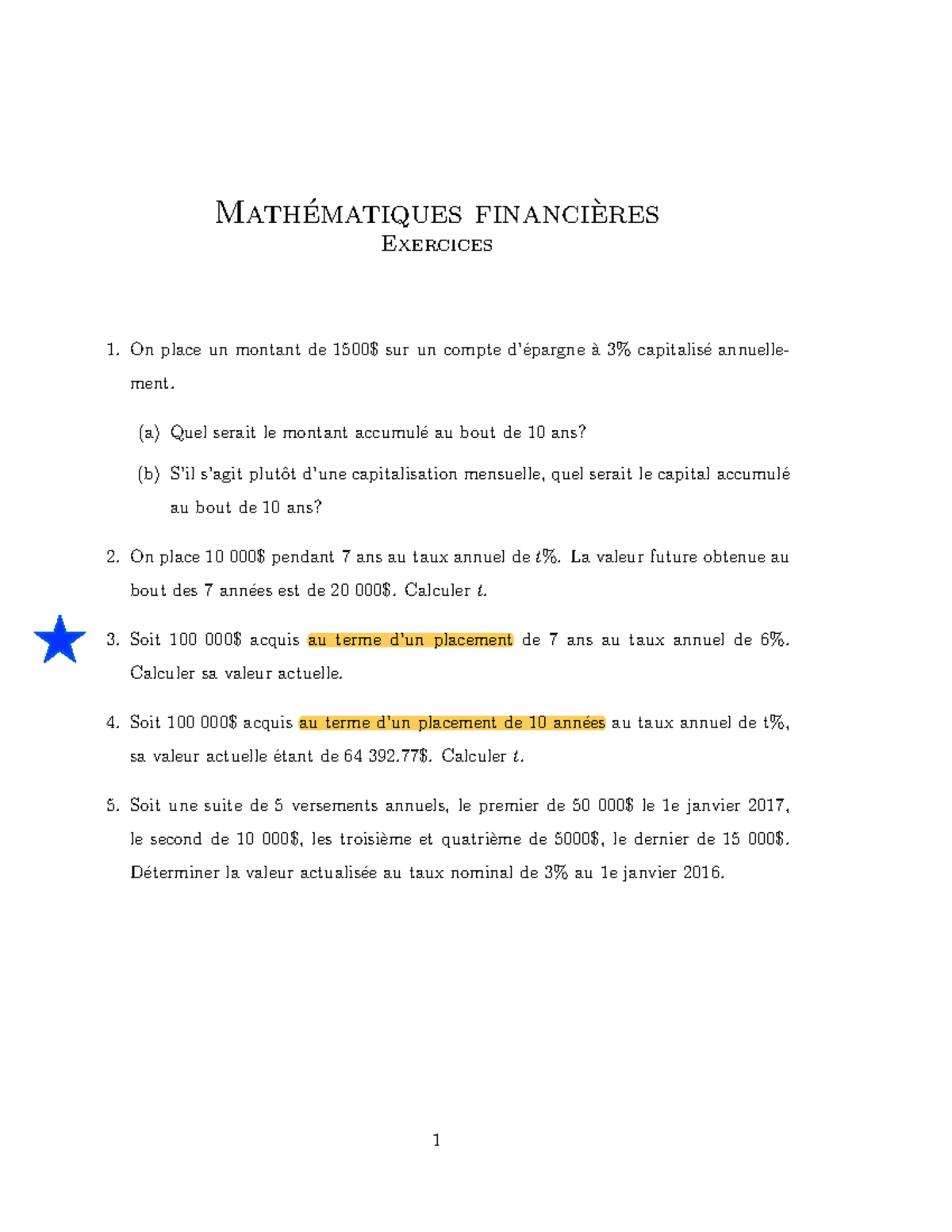 S02 Maths Fin - Cours 2 - Math ́ematiques Financi`eres Exercices On ...