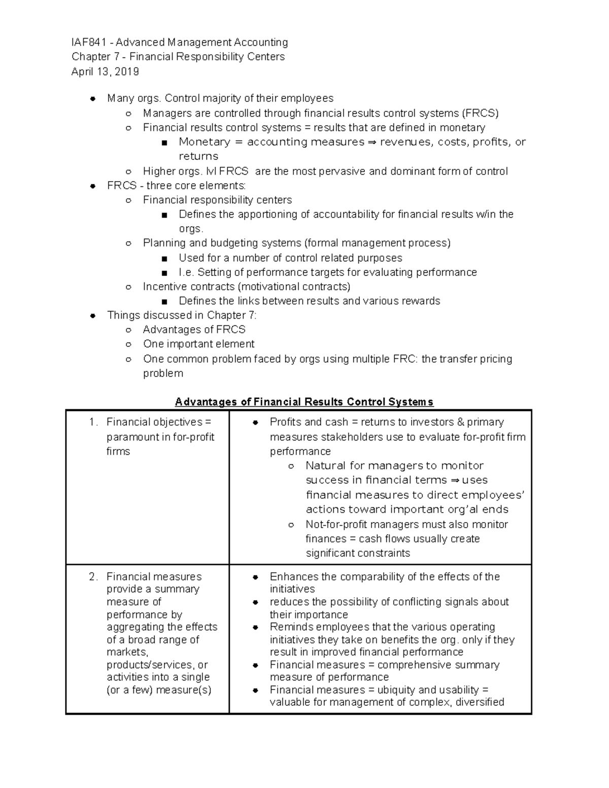 Chapter 7 - Financial Responsibility Centers - IAF841 - Advanced