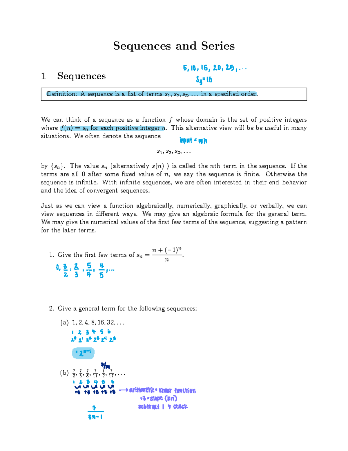 Sequences+InClass+Notes Sequences and Series 1 Sequences Definition A sequence is a