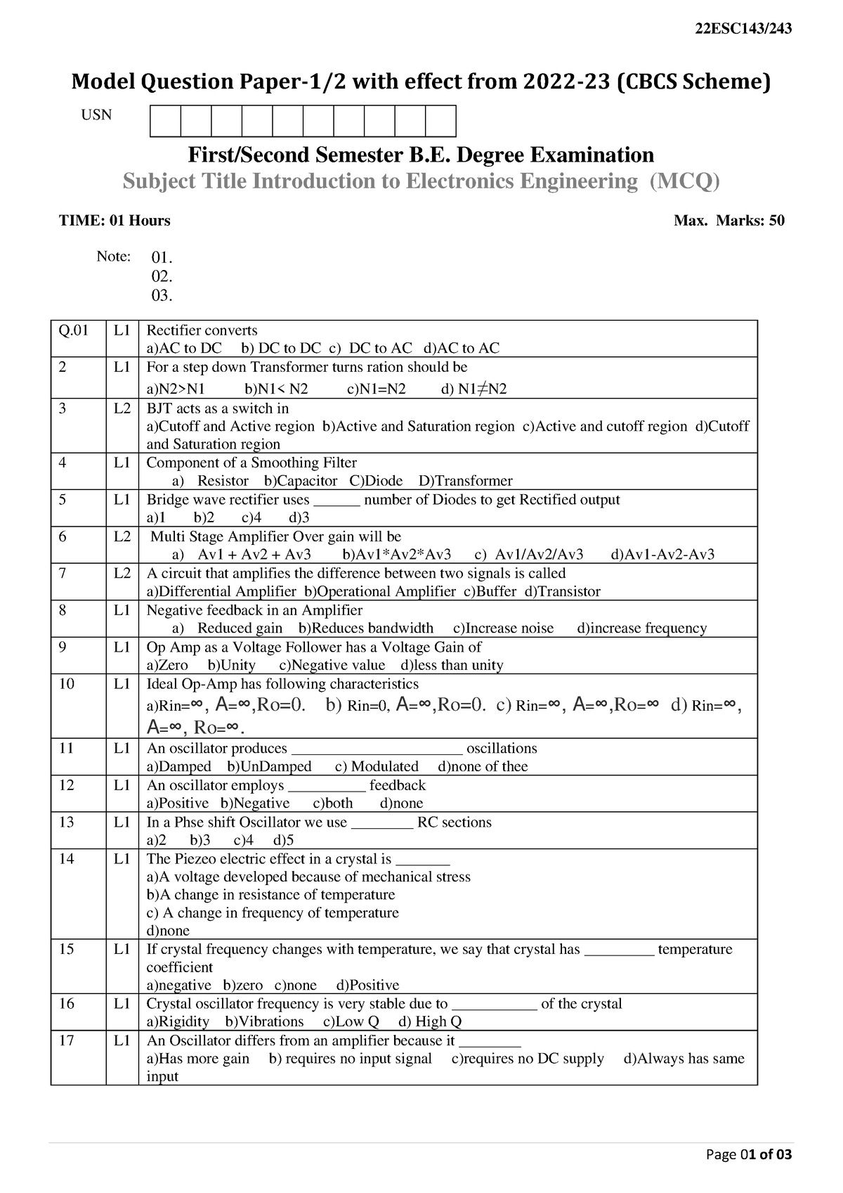 22ESC143set1 - Xyz - 22ESC143/ Page 01 Of 03 Model Question Paper-1/2 ...