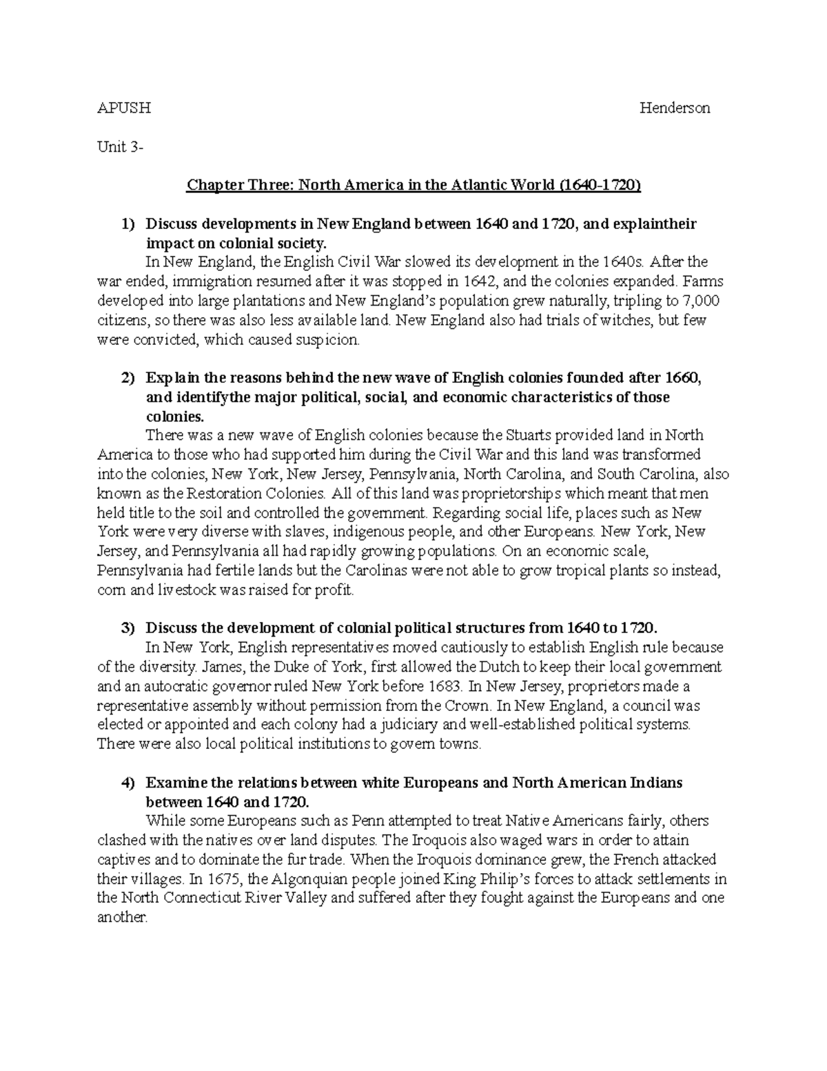 Apush Study Guide Ch 3 - APUSH Henderson Unit 3- Chapter Three: North ...