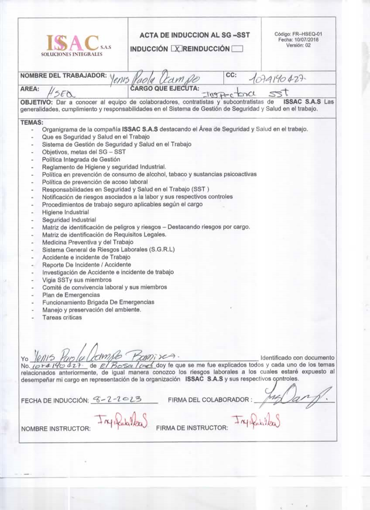 FR-HSEQ-01. ACTA DE Inducción Y Reinduccion AL SG-SST - Metodología De ...