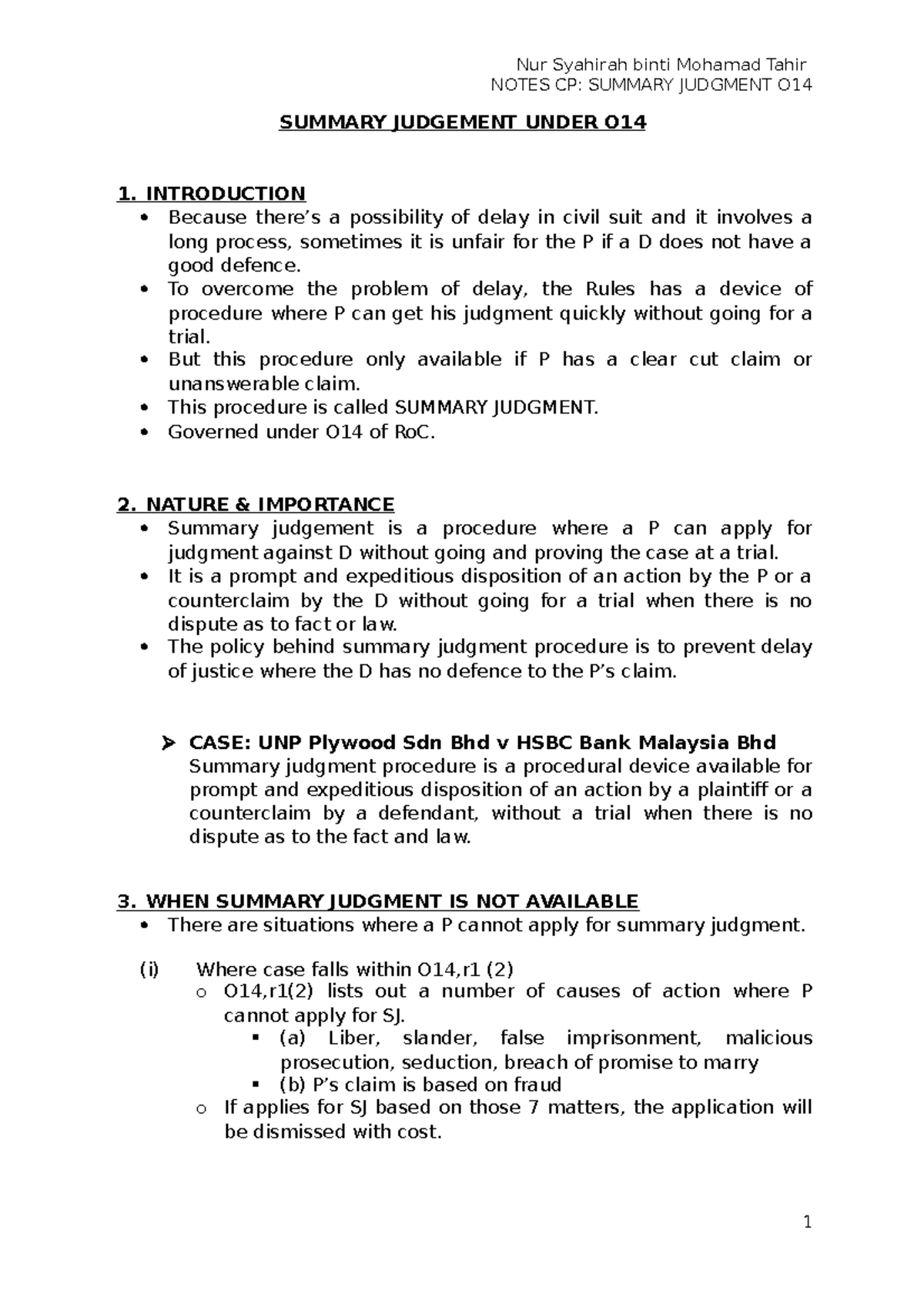 Summary Judgement Under O14 Notes Cp Summary Judgment O Summary Judgement Under O 1 Introduction Studocu