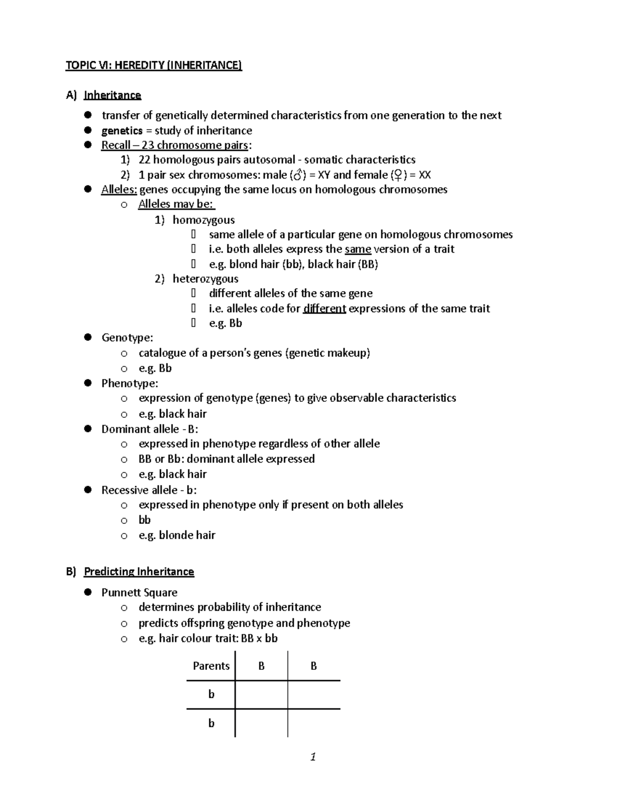 6 - Topic VI - Heredity ( Inheritance) - TOPIC VI: HEREDITY ...