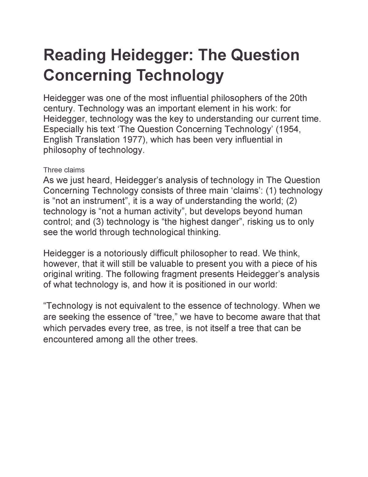 the essay entitled the question concerning technology seeks about