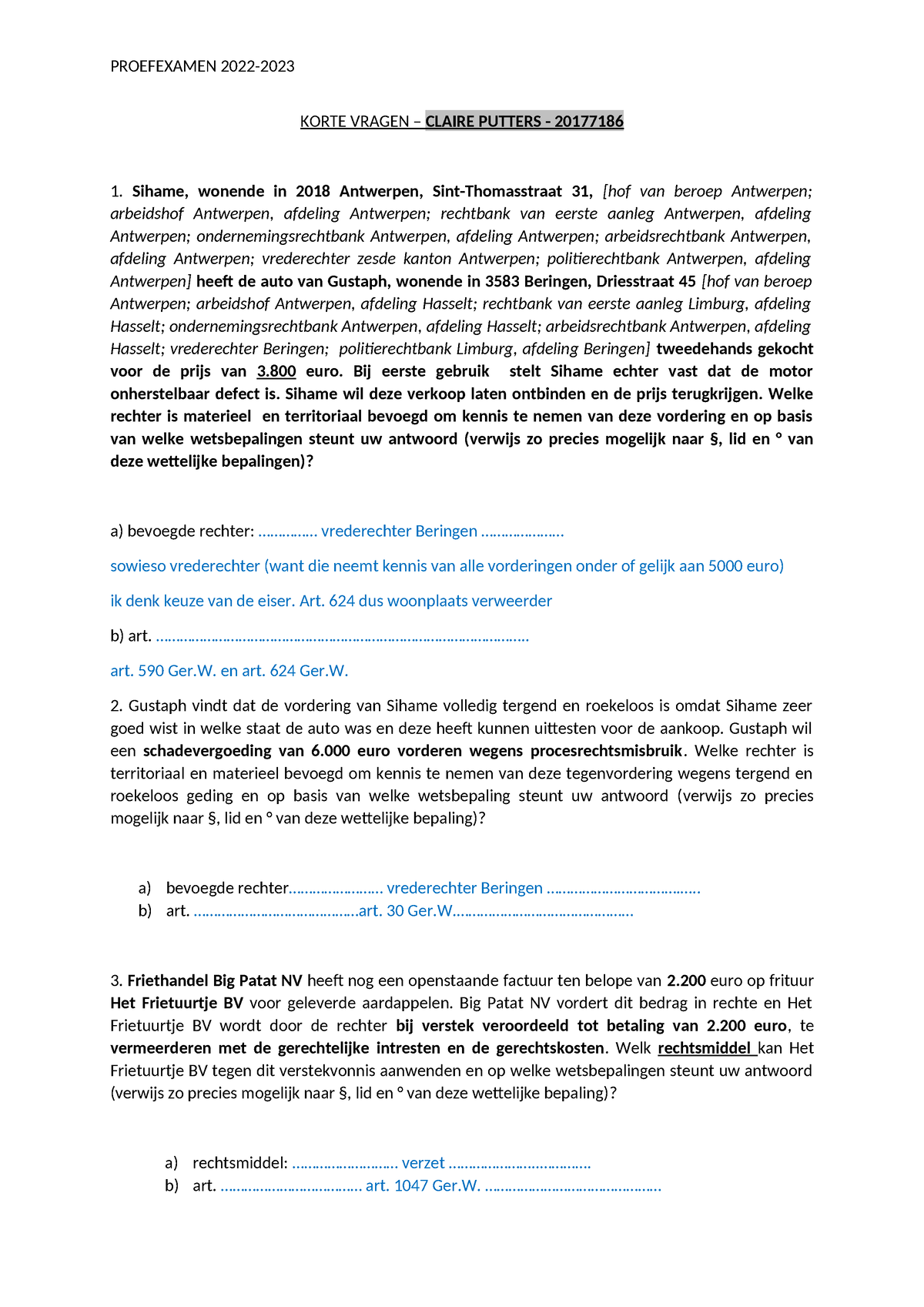 Proefexamen-gerechtelijk-recht-2023 Claireputters 2 - KORTE VRAGEN ...