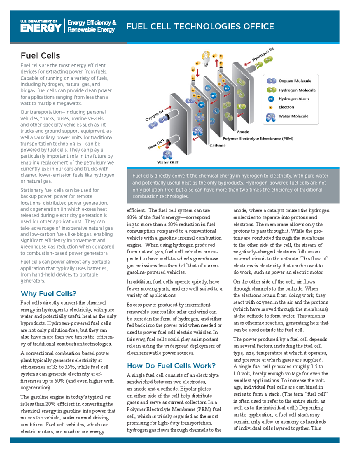 Fcto fuel cells fact sheet FUEL CELL TECHNOLOGIES OFFICE Fuel Cells