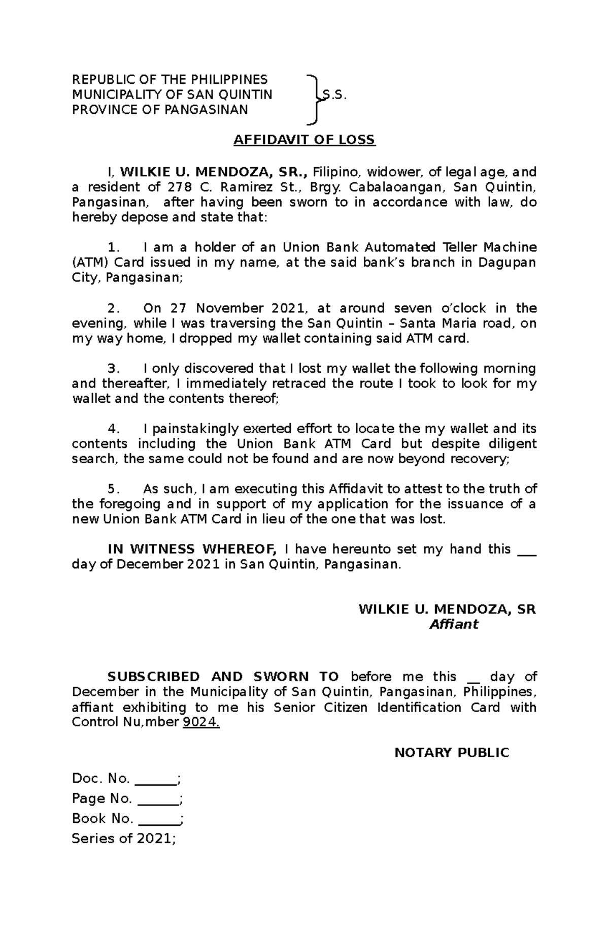 Affidavit of Loss - Wilkie U. Mendoza - REPUBLIC OF THE PHILIPPINES ...