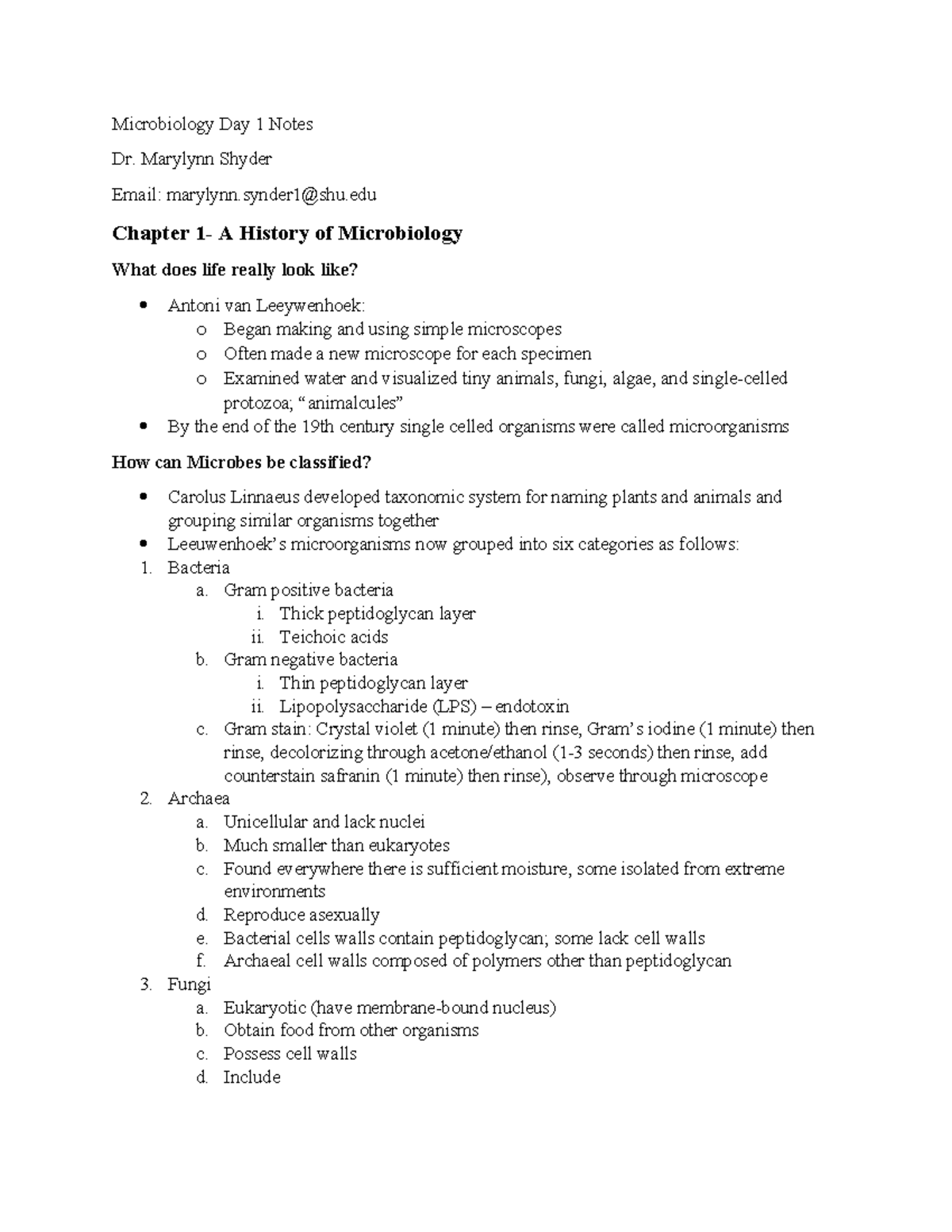 Microbiology Notes Microbiology Day 1 Notes Dr. Marylynn Shyder Email