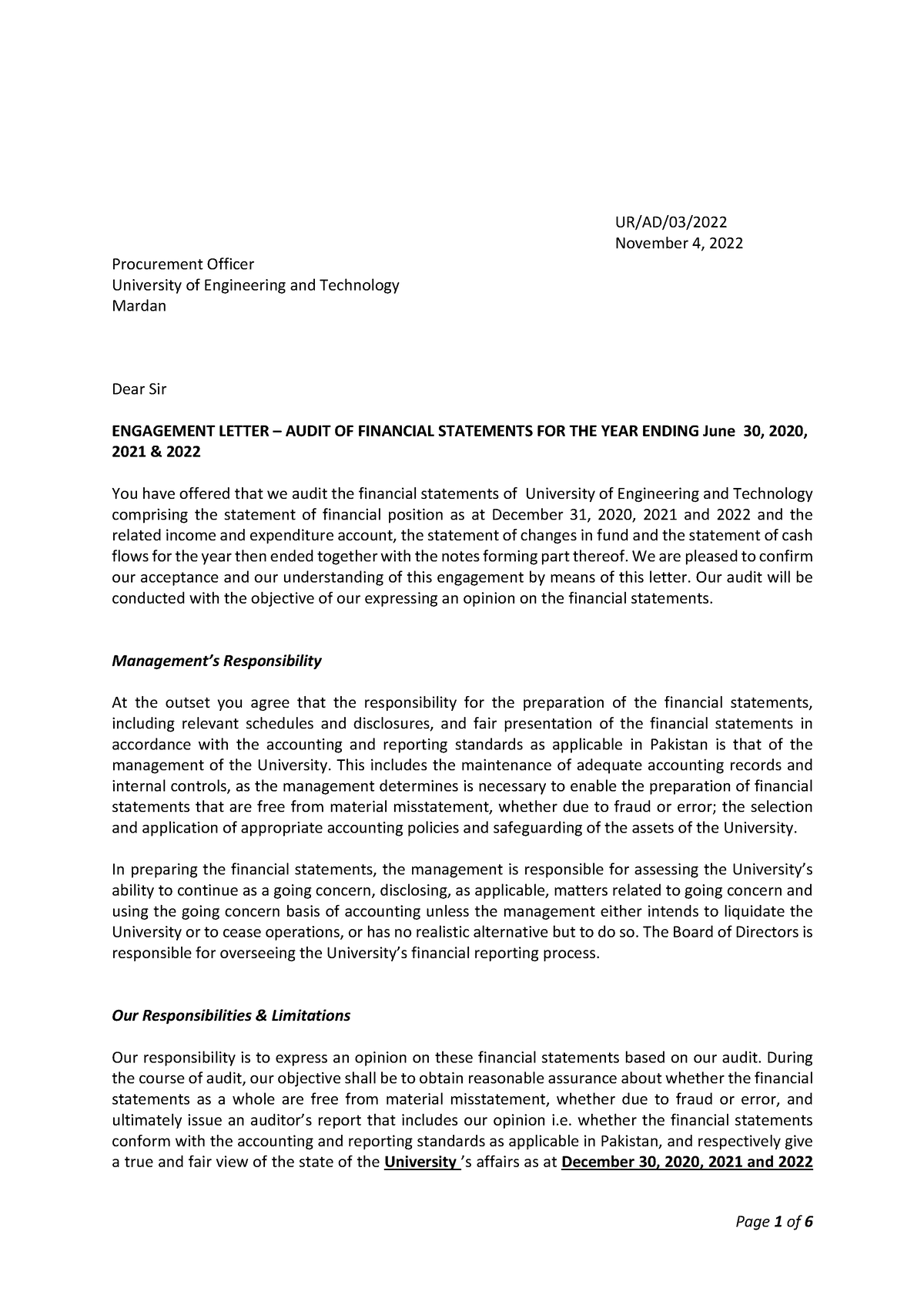 Engagement Acceptance Letter - UR/AD/03/ November 4, 2022 Procurement ...