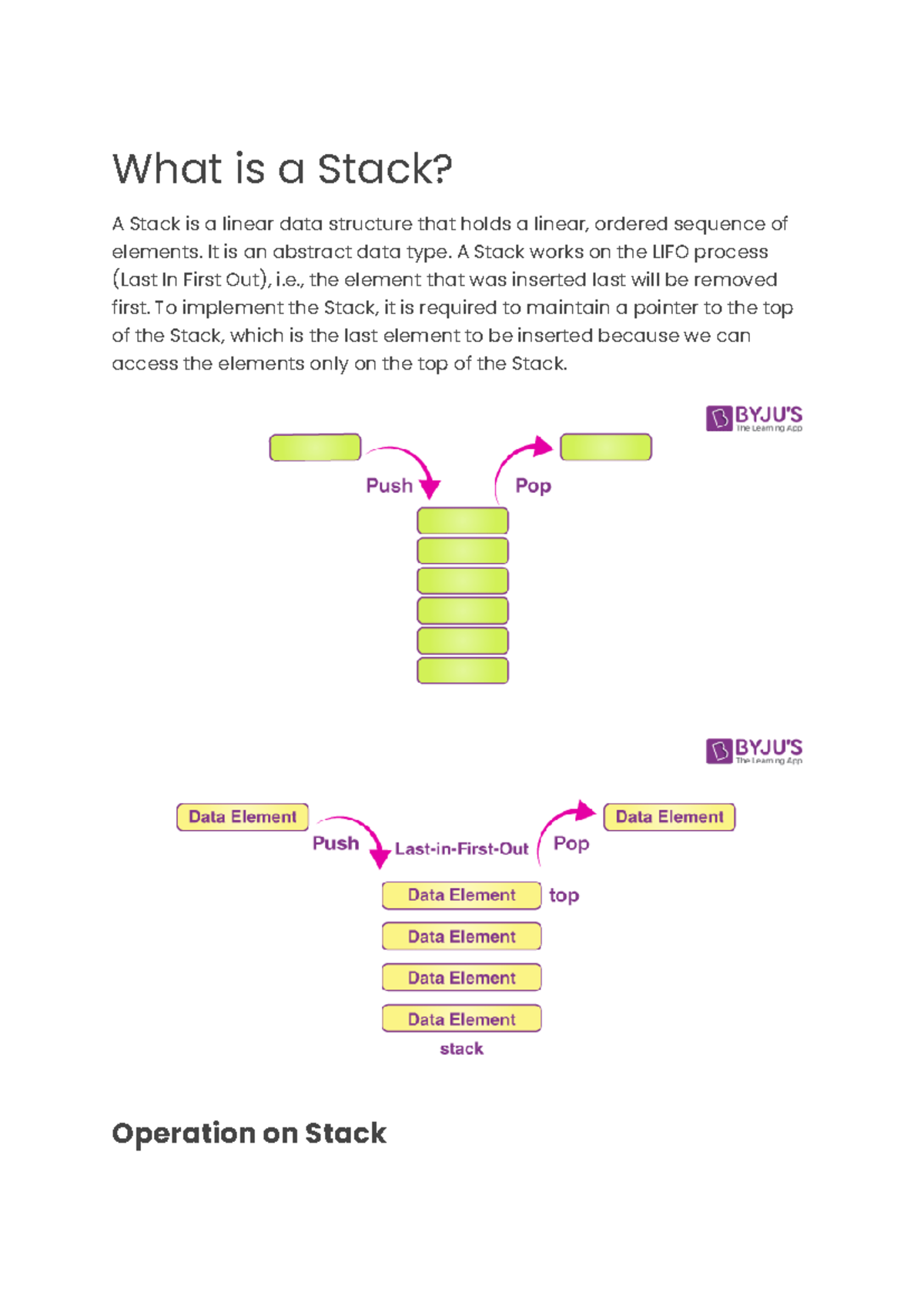 Stack - It is an abstract data type. A Stack works on the LIFO process ...